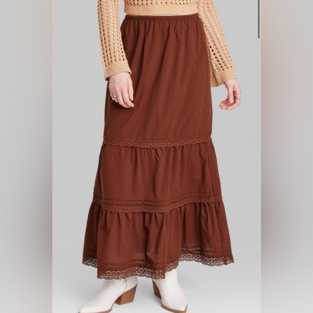 Wild Fable - Brown Tiered Lace-Trim Maxi Skirt
